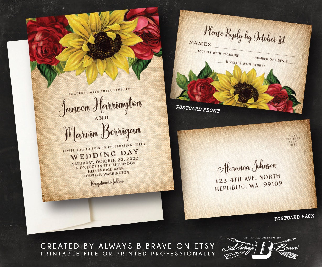 Red Rose Sunflower Wedding Invitation & RSVP Postcard Burlap Etsy
