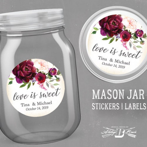 Love is Sweet Mason Jar Labels | Maroon Floral Wedding Favor Stickers | Blush Pink Flower Label | Rustic Shower Favors Business Sticker