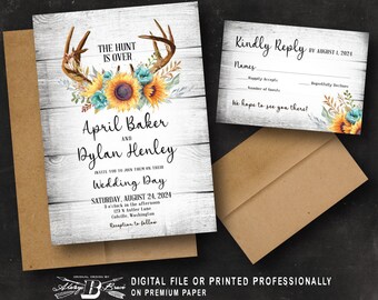 Sunflower Wedding Invitations & RSVP | Rustic Antlers Invitation Set | Barnwood Flower Invites Turquoise Teal Flowers Invite Printed or File