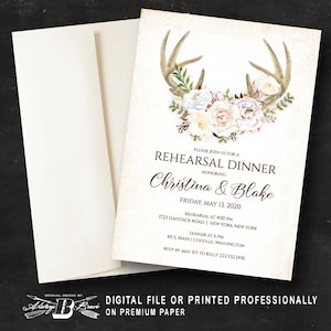 Deer Rehearsal Dinner Invitation | Fall Rehearsal Boho Invitations | Woodland Rustic Rehearsal Invites | Boho Bohemian White Flower Invite