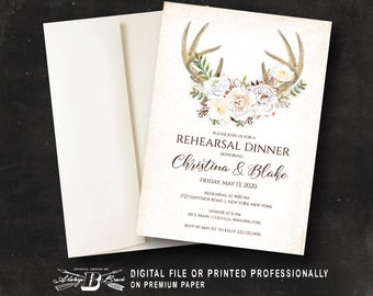 Deer Rehearsal Dinner Invitation | Fall Rehearsal Boho Invitations | Woodland Rustic Rehearsal Invites | Boho Bohemian White Flower Invite