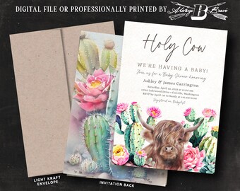 Highland Cow Baby Shower Invitation | Holy Cow Invitations | Cactus Western Co-Ed Invites | Rustic Boho Couple's Invite | Aztec Farm