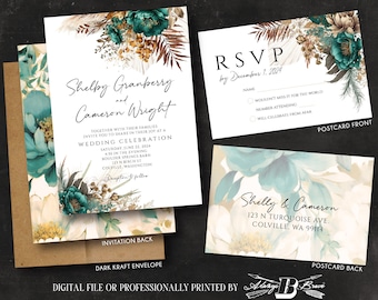 Turquoise Gold Wedding Invitation & RSVP | Bohemian Flowers Invitations | Teal Flower Invites | Boho Floral Invite Printed or Digital File