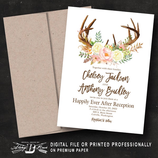 Deer Antler Wedding Reception Invitation | Happily Ever After Invitations | Boho Invites Rustic Antlers Bohemian Ivory Pink Flowers Invite