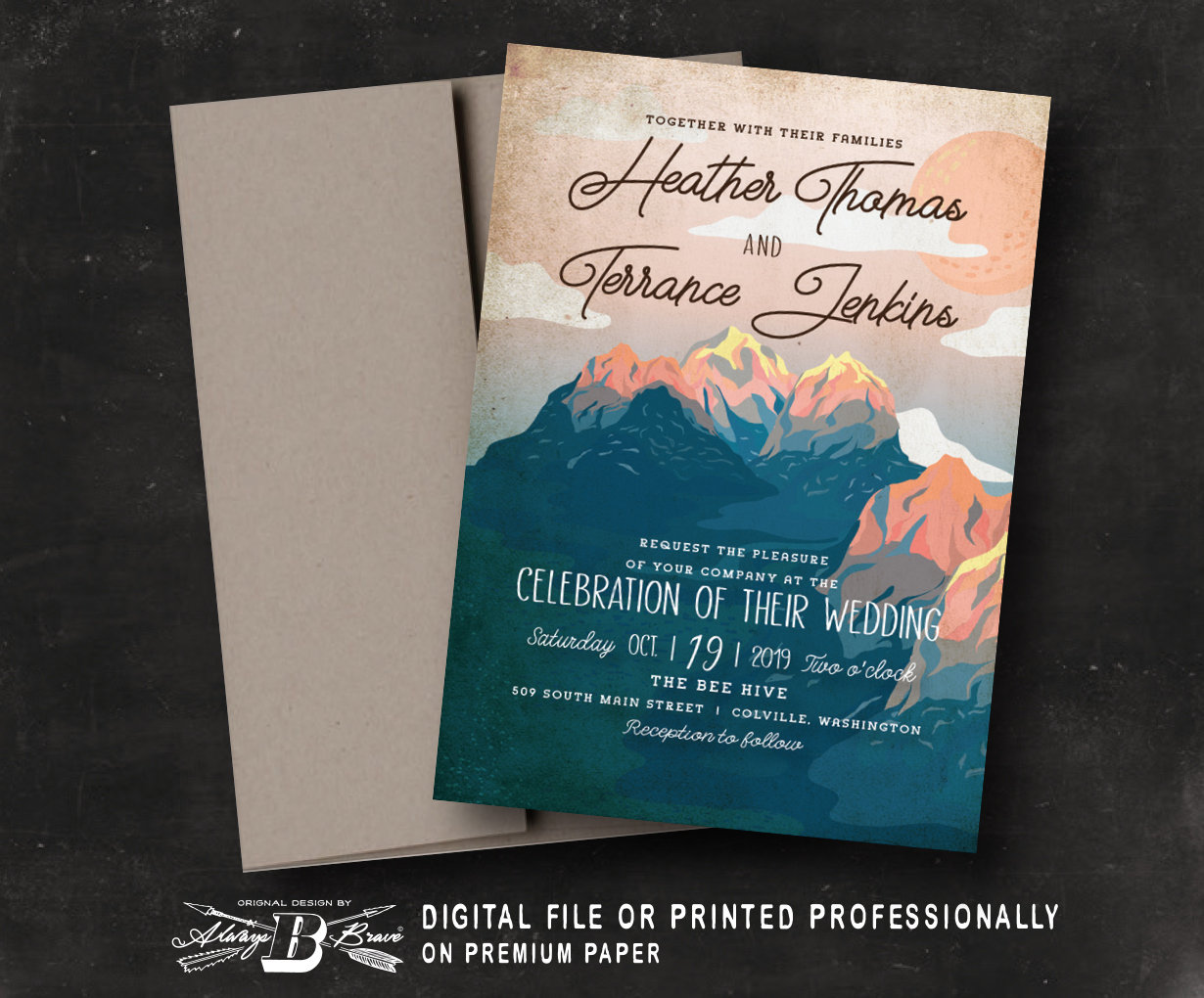 Navy Orange Blush Outdoor Invites Vintage Mountain Wedding Invitation Retro Reception Invite Printed Printable Rustic Invitations