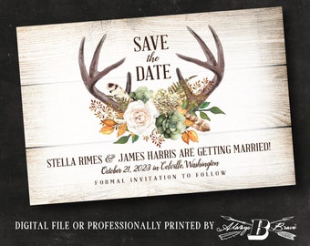 Antler Save the Date Postcard | Deer Save the Dates | Fall Wedding Postcards | Feather Leaves Boho Bohemian Barnwood Printed or File