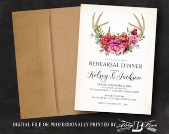 Deer Rehearsal Dinner Invitation | Fall Wedding Boho Invitations | Woodland Rustic Boho Invites Hot Pink Red Floral Invite Printed or File