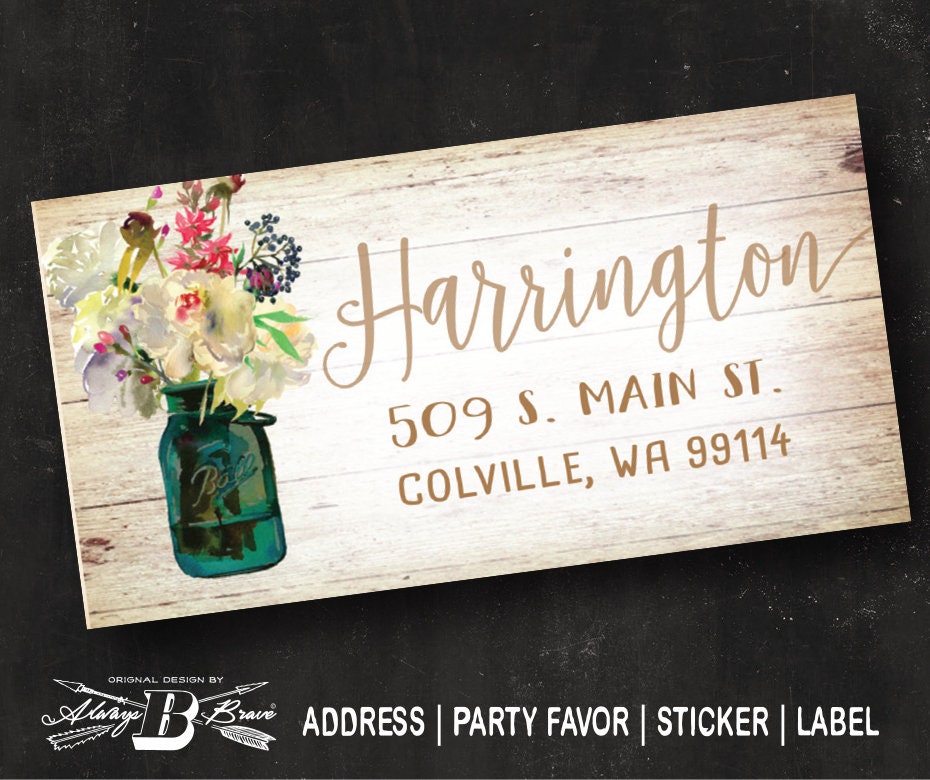 Mason Jar Return Address Label | Watercolor Stickers | Rustic Labels | Country Wood Floral Wedding Shower Party Favor | Business Sticker