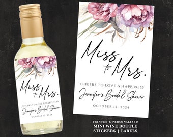 Mauve Flowers Mini Wine Bottle Labels | Bohemian Dusty Pink Floral Wedding Favors | Miss to Mrs. Label | Boho Bridal Shower Favors Sticker