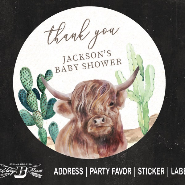 Highland Cow Thank you Label | Western Stickers | Bohemian Labels | Cactus Baby Shower Party Favor | Boho Country Business Sticker