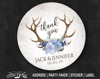 Elk Thank You Label | Blue Floral Woodland Stickers | Birch Antler Labels | Rustic Wedding Baby Bridal Shower Party Favor Business Sticker