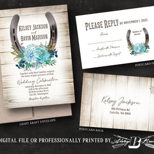 Horseshoe Wedding Invitation & RSVP Postcard Western Invite Teal Flowers Rustic Invites Country Barnwood invitations Printed or File image 1