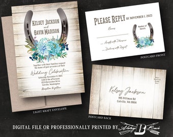 Horseshoe Wedding Invitation & RSVP Postcard | Western Invite | Teal Flowers Rustic Invites | Country Barnwood invitations Printed or File