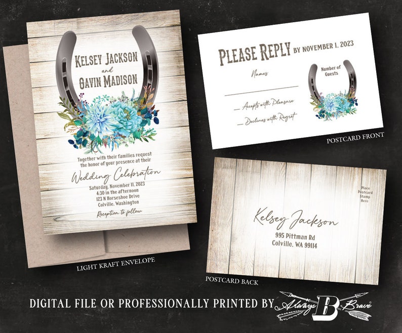 Horseshoe Wedding Invitation & RSVP Postcard Western Invite Teal Flowers Rustic Invites Country Barnwood invitations Printed or File image 1