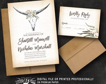 Boho Wedding Invitation & RSVP | Bull Skull Invitations | Country Chic Cotton Greenery Invites | Rustic Western Invite Bohemian Longhorn cow