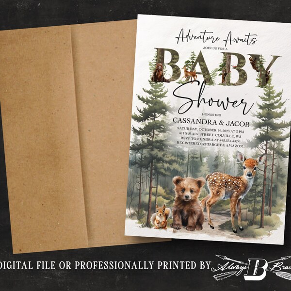 Woodland Animals Baby Shower Invitation | Mountain Outdoor Invitations | Rustic Bear Co-Ed Invites | Forest Adventure Awaits Couple's Invite