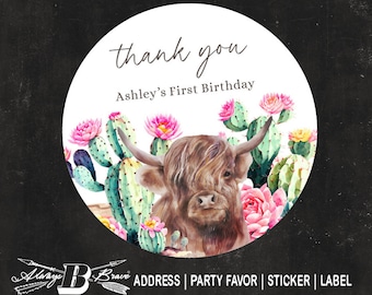 Highland Cow Thank you Label | Cactus Stickers | Bohemian Labels | Western Baby Shower Party Favor | Rustic Boho Business Sticker