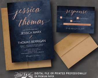 Rose Gold Wedding Invitation & RSVP | Navy Blue Invites | Modern Copper Invitations | Trendy Script Invite Printed or Printable