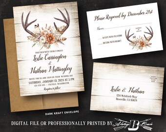 Deer Wedding Invitation & RSVP | Rustic Antler Invitations | Barnwood Autumn Leaves Boho Invites | Bohemian Western Invite Printed or File