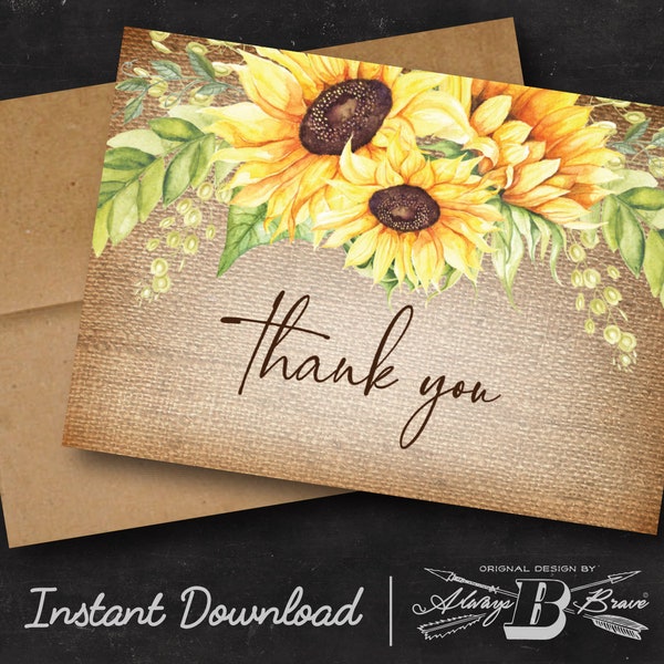 Sunflower Thank You Card | Instant Download | Printable Digital File | Fall Thank you card | Burlap Thank you Card | Rustic Thank you card