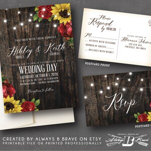 Red Rose Sunflower Wedding Invitation SET Rustic Barnwood Invites Fall Invite RSVP Wood & Lights Invitations Printed or File Sunflowers image 3