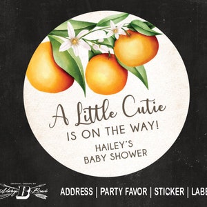 A Little Cutie is on the way Baby Shower Sticker Party Favors Sticker Personalized Labels Orange Label | Clementine Party Favor Stickers