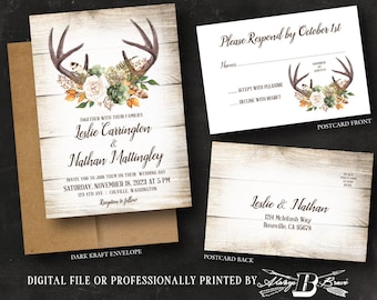Deer Wedding Invitation & RSVP | Rustic Antler Invitations | Barnwood Autumn Leaves Boho Invites | Bohemian Western Invite Printed or File