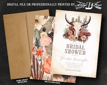 Bull Skull Bridal Shower Invitation | Bohemian Invitations | Southwestern Boho Cactus Invites | Western Desert Invite Mauve Burgundy Flowers
