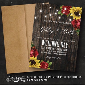Red Rose Sunflower Wedding Invitation | Fall Invitations | Boho Invites | Wood & Lights Floral Invitations Printed or Printable