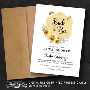 Bee Bridal Shower Invitation | Bride to Bee Invitations | Country Rustic Invites | Yellow Rose Bees Flower Invite Printed or Printable