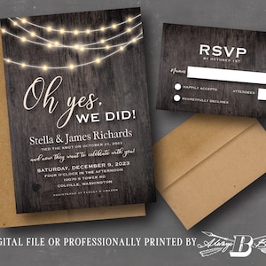 Wood Lights Elopement Reception Invitations & RSVP | Oh Yes We Did Wedding Invitation | Barnwood We Eloped Party Invites Printed or File