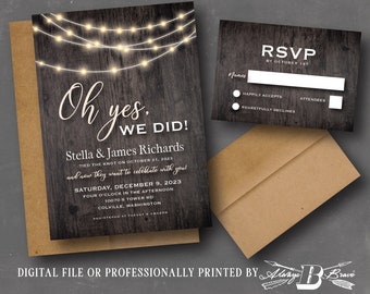 Wood Lights Elopement Reception Invitations & RSVP | Oh Yes We Did Wedding Invitation | Barnwood We Eloped Party Invites Printed or File