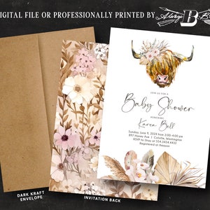 Highland Cow Baby Shower Invitation | Bohemian Invitations | Rustic Western Co-Ed Invites | Pink Flowers Boho Couple's Invite Aztec Farm