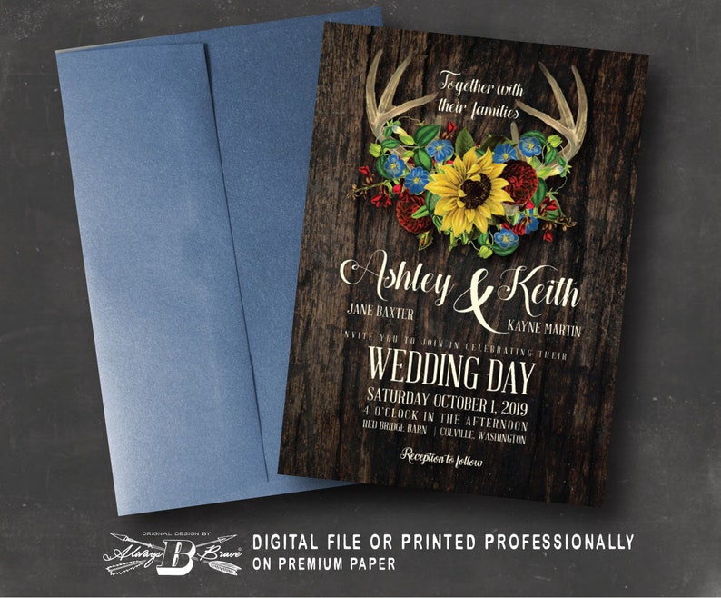 Rustic Boho Invites Maroon Blue Sunflower Invite Printed or Printable Deer Antler Wedding Invitation Country Wood Floral Invitations