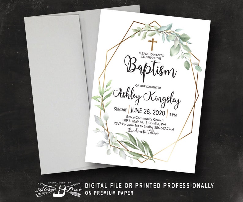 Religious Invites Printed OR Printable Greenery Invitations Gold Geometric Invite Baptism Invitation