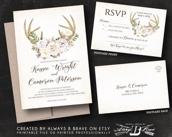 Boho Wedding Invitation | Deer Invitations & RSVP | Rustic Antler Bohemian Invites | White Floral Woodland Fall Flower Reception Invite