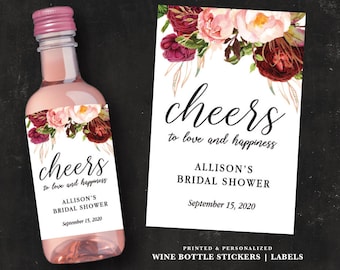 Mini Wine Bottle Labels | Maroon Flowers Stickers | Vintage Pink Flower Cheers Wedding Bridal Shower Favor Label Adhesive Sticker