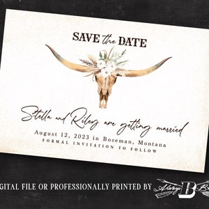 Western Save the Date Postcard | Bull Skull Save the Dates | Bohemian Flowers Wedding | Longhorn Wedding Postcards Printed or File