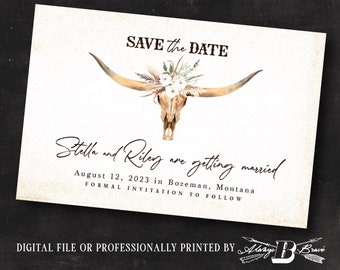Western Save the Date Postcard | Bull Skull Save the Dates | Bohemian Flowers Wedding | Longhorn Wedding Postcards Printed or File