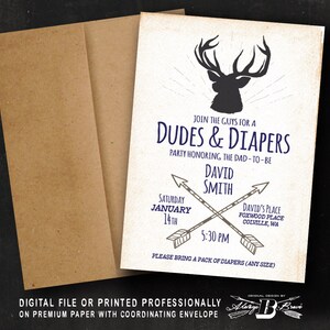 Dudes & Diapers Baby Shower Invitation Men's Diaper Party Invites Rustic Invitations Guy's Deer Antler Invite Printed or Printable image 1