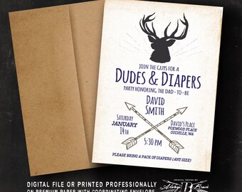 Dudes & Diapers Baby Shower Invitation | Men's Diaper Party Invites | Rustic Invitations | Guy's Deer Antler Invite Printed or Printable