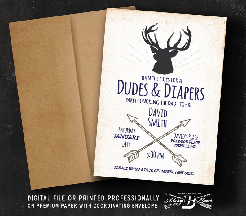 Dudes & Diapers Baby Shower Invitation Men's Diaper Party Invites Rustic Invitations Guy's Deer Antler Invite Printed or Printable image 1