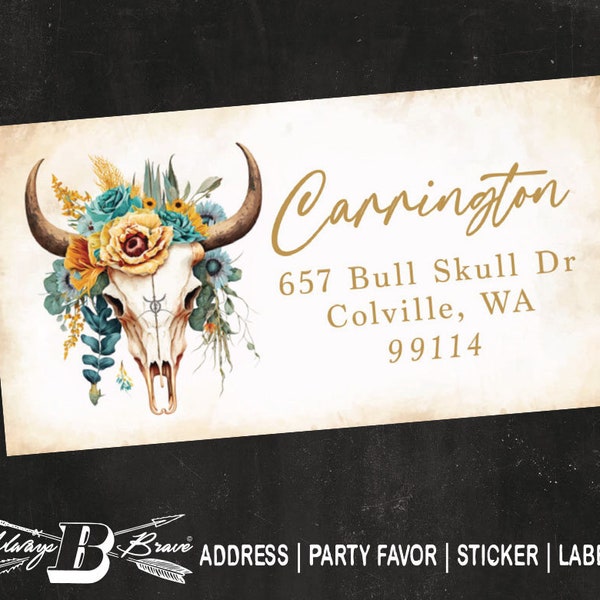 Bull Skull Return Address Label Bohemian Stickers Cow Tribal Label Teal Gold Southwest Wedding favors Baby Bridal Shower Party Favor Sticker