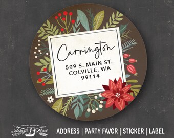 Christmas Return Address Label | Vintage Floral Stickers | Modern Holiday Labels | Rustic Flower Party Favor | Country Business Stickers