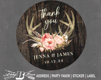 Deer Antlers Thank You Label | Blush Flower Stickers | Boho Flowers Wedding Favor Labels Business Sticker Bohemian Barnwood Shower Favor