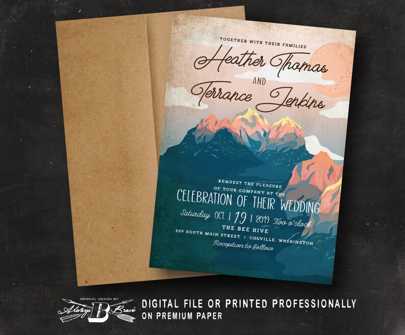 Navy Orange Blush Outdoor Invites Vintage Mountain Wedding Invitation Retro Reception Invite Printed Printable Rustic Invitations
