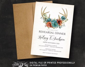 Deer Rehearsal Dinner Invitation | Fall Wedding Boho Invitations | Woodland Rustic Boho Invites Teal Rust Floral Invite Printed or Printable