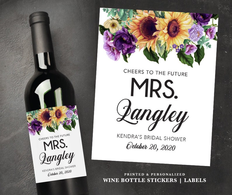Wedding Favors Rustic Purple Floral Label Sunflower Stickers Bridal Shower Adhesive Paper Sticker Personalized Wine Bottle Labels