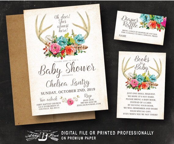 oh deer baby shower invitation  rustic invitations diaper raffle & books  for baby  boho invites  baby girl invite printed or printable