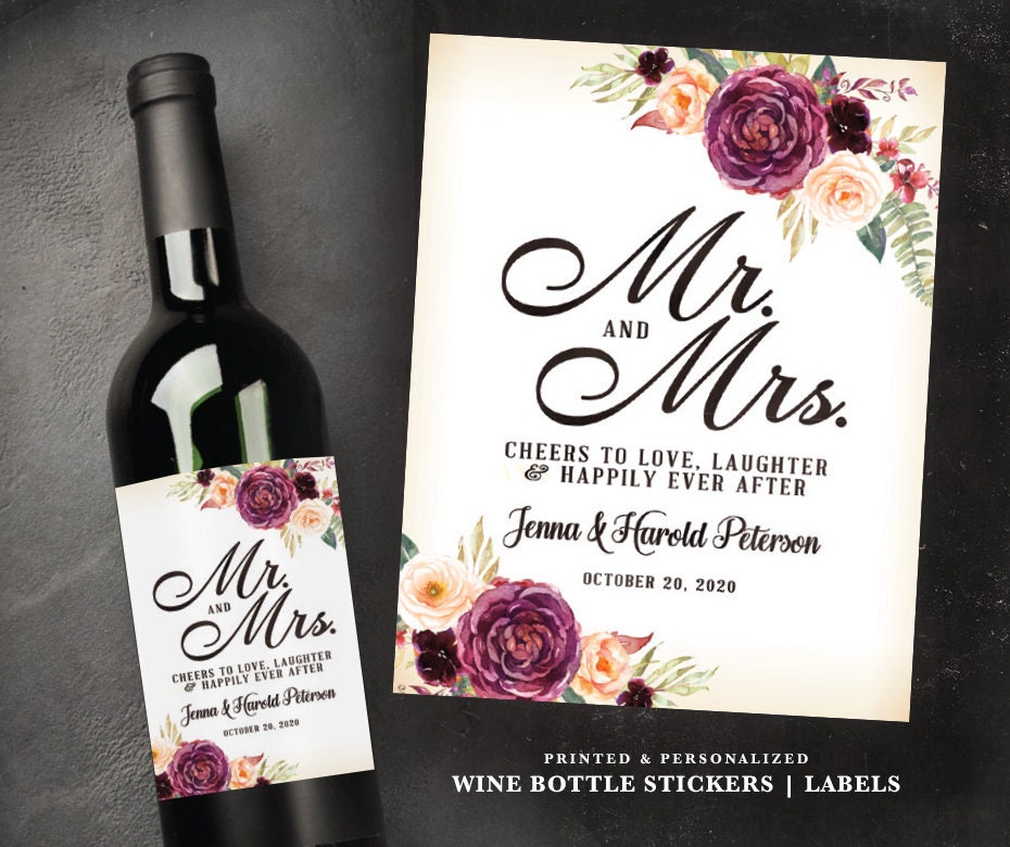 Personalized Wine Bottle Labels | Boho Floral Stickers | Rustic Mr. & Mrs. Label | Wedding Favors | Bridal Shower Adhesive Paper Sticker
